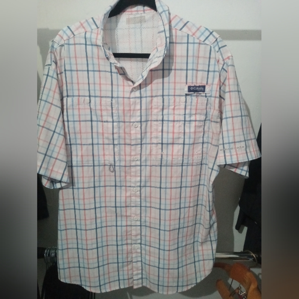 Columbia Men's Plaid Shirt - Blue White and Pink L